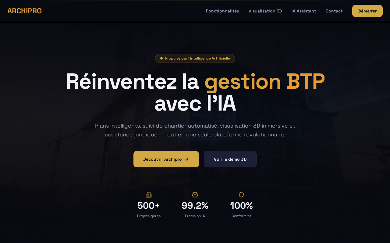 Page d'accueil de la plateforme BTP avec IA Archipro