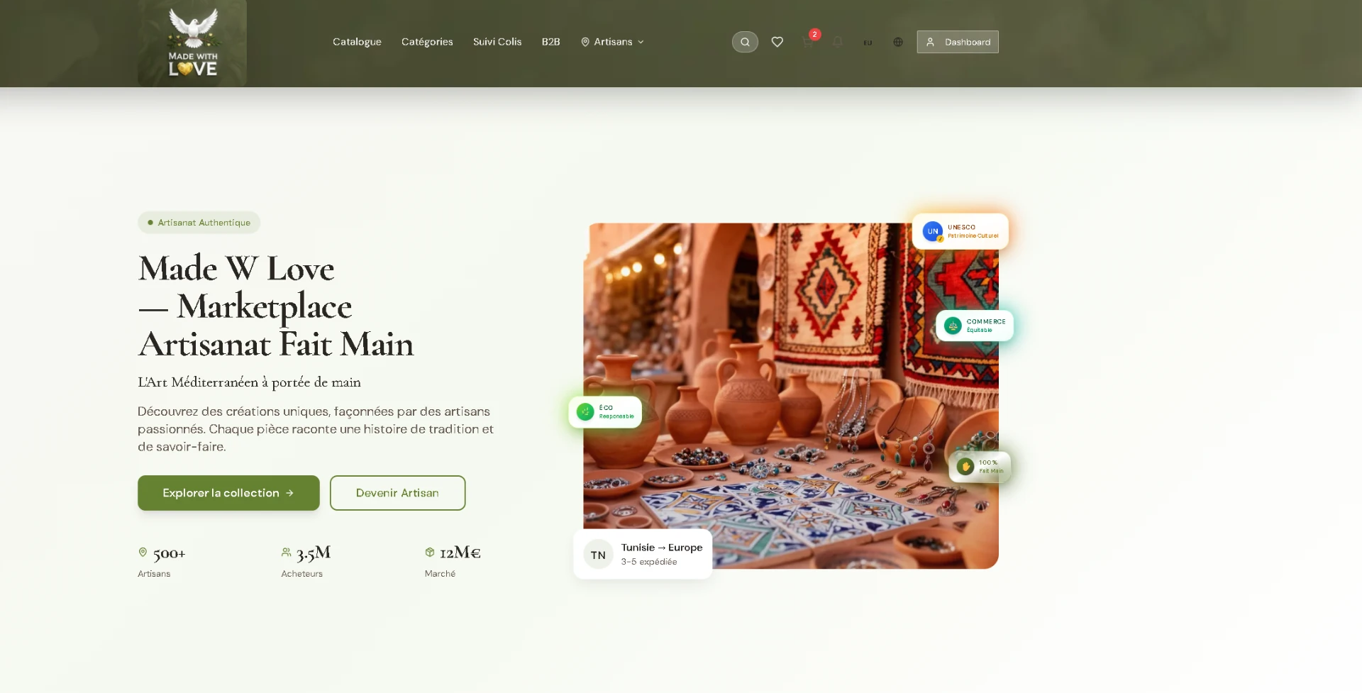 Interface de la marketplace artisanale Made W Love