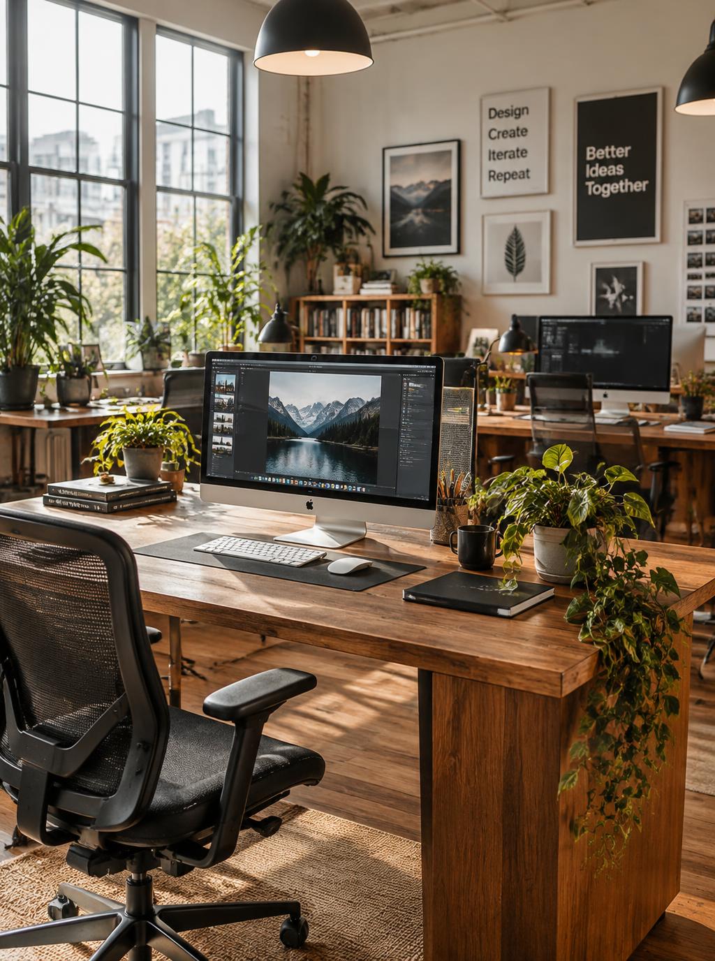 L'atelier Madewlove : un bureau de studio lumineux avec plantes et postes de travail